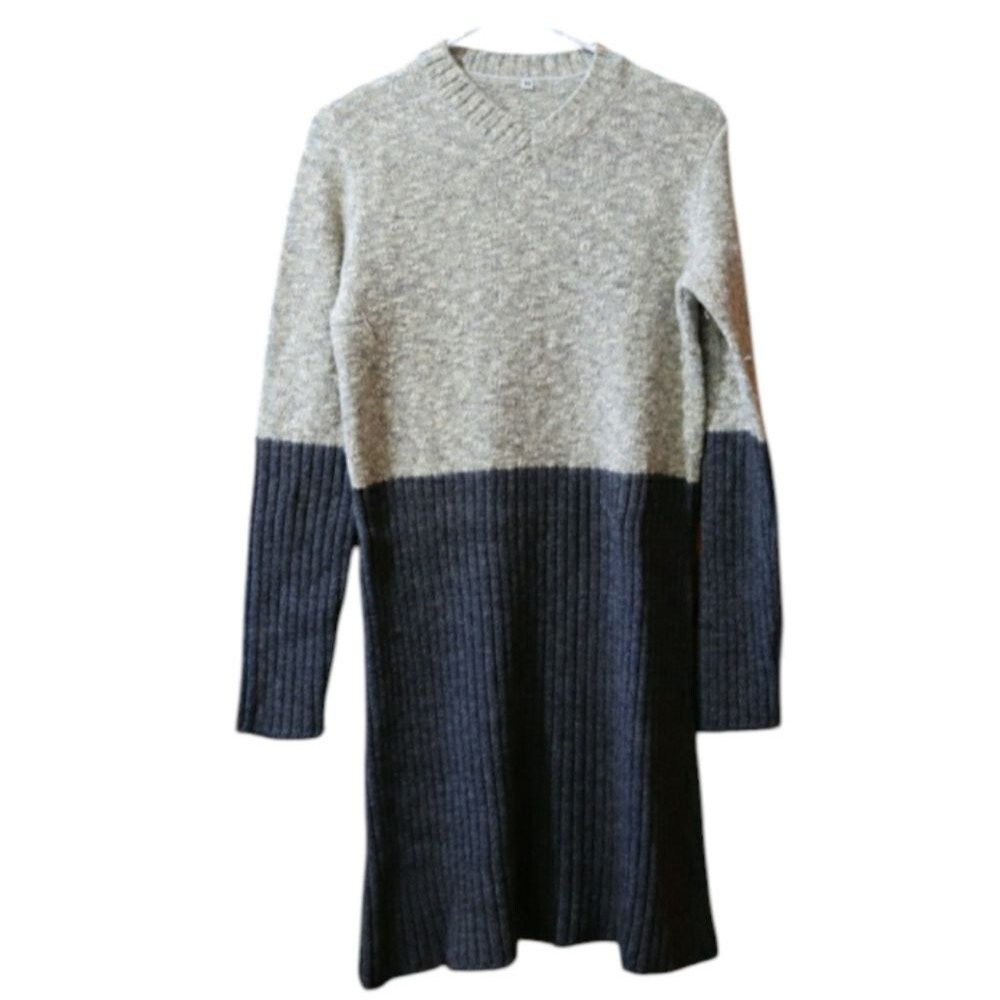 Vintage Italian Alpaca Wool Color Block Sweater Dress Gray V-Neck Knit 44
